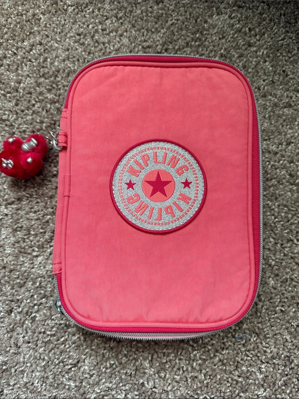 Kipling Coral-Pink Zip Pencil Case with Charm